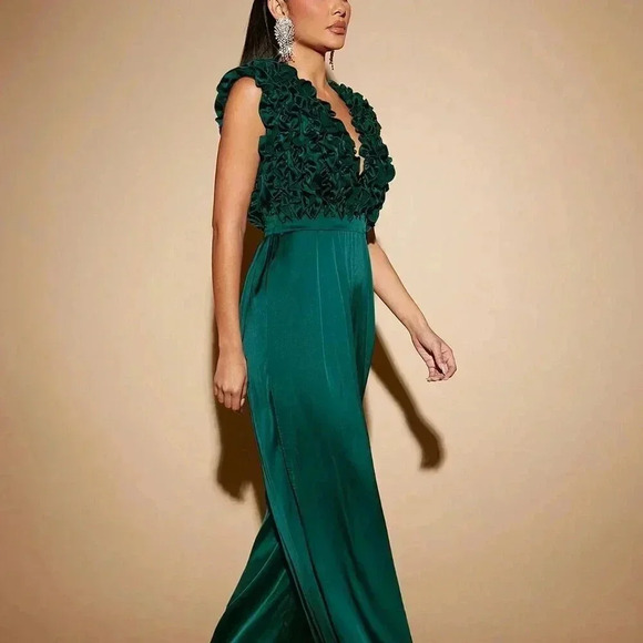 Green Party Women's Plunging Neck Ruffle Wide Leg Jumpsuit - Picture 1 of 6